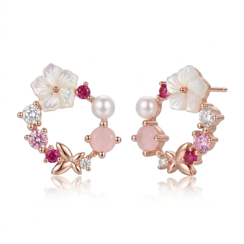 Pink Floral Wreath Stud Earrings Rose Gold Plated Pearl Shell Flower Hypoallergenic Women Jewelry MURMUR