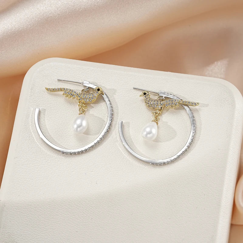 Fashion Magpie Bird Design Circle Hoop Earrings Paved Cubic Zirconia Luxury Women Party High Quality CZ Jewelry for Anniversary