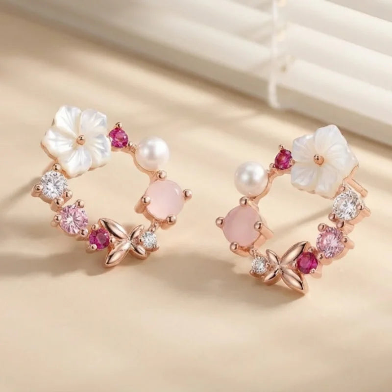 Pink Floral Wreath Stud Earrings Rose Gold Plated Pearl Shell Flower Hypoallergenic Women Jewelry MURMUR