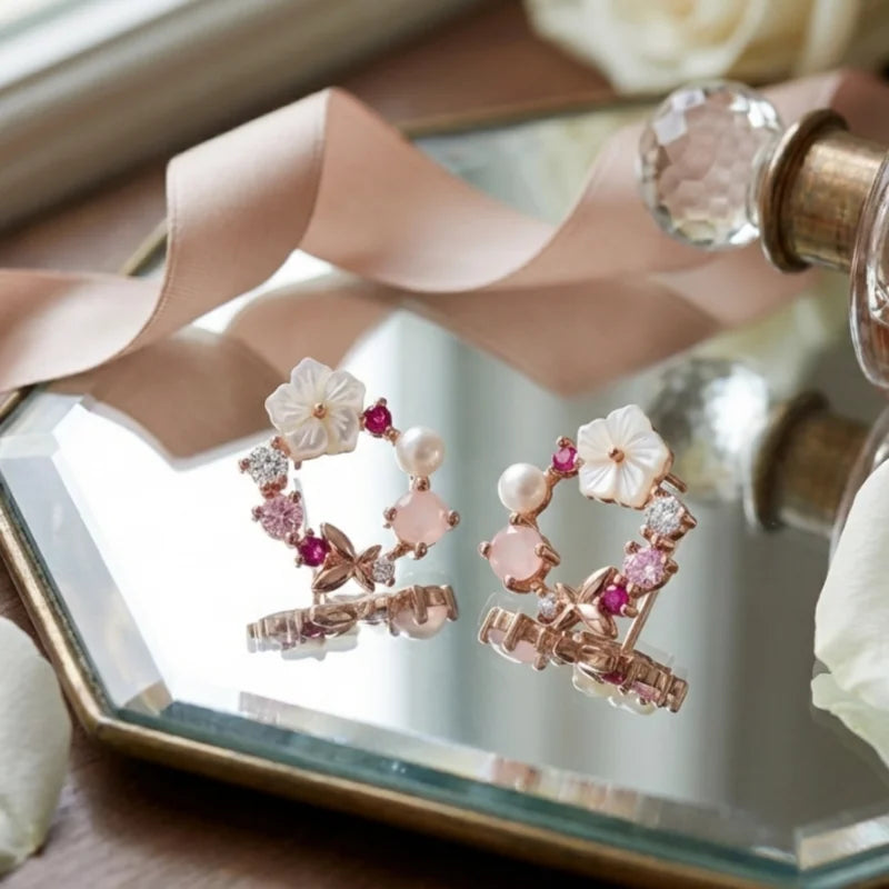 Pink Floral Wreath Stud Earrings Rose Gold Plated Pearl Shell Flower Hypoallergenic Women Jewelry MURMUR