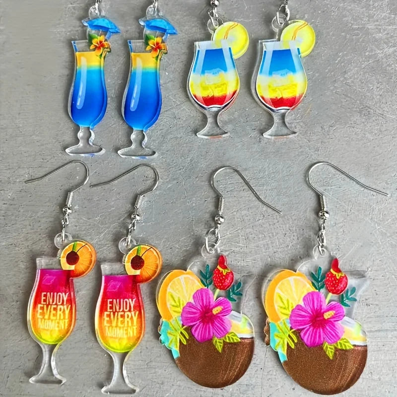 Lxalry Vibrant Acrylic Tropical Cocktail Dangle Earrings, 3-Design Summer Jewelry Set with Hypoallergenic Hooks, Lightweight Fun