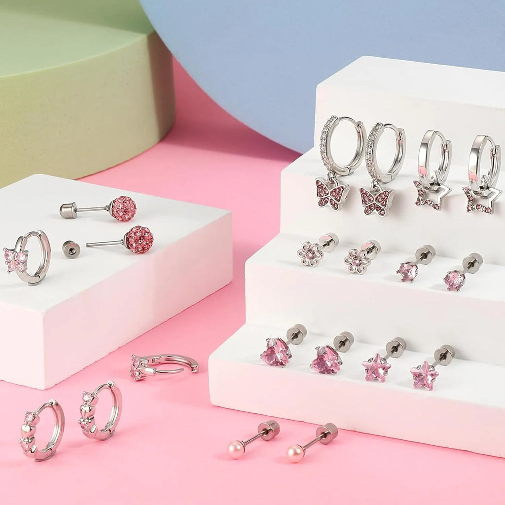 Bobisty 10Paris Earrings Stainless Steel Screw Back Earrings Set For Sensitive Ears Cute Pink Zircon Earrings Hypoallergenic