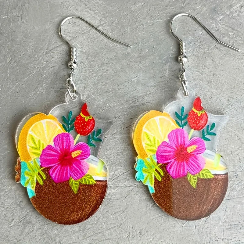 Lxalry Vibrant Acrylic Tropical Cocktail Dangle Earrings, 3-Design Summer Jewelry Set with Hypoallergenic Hooks, Lightweight Fun