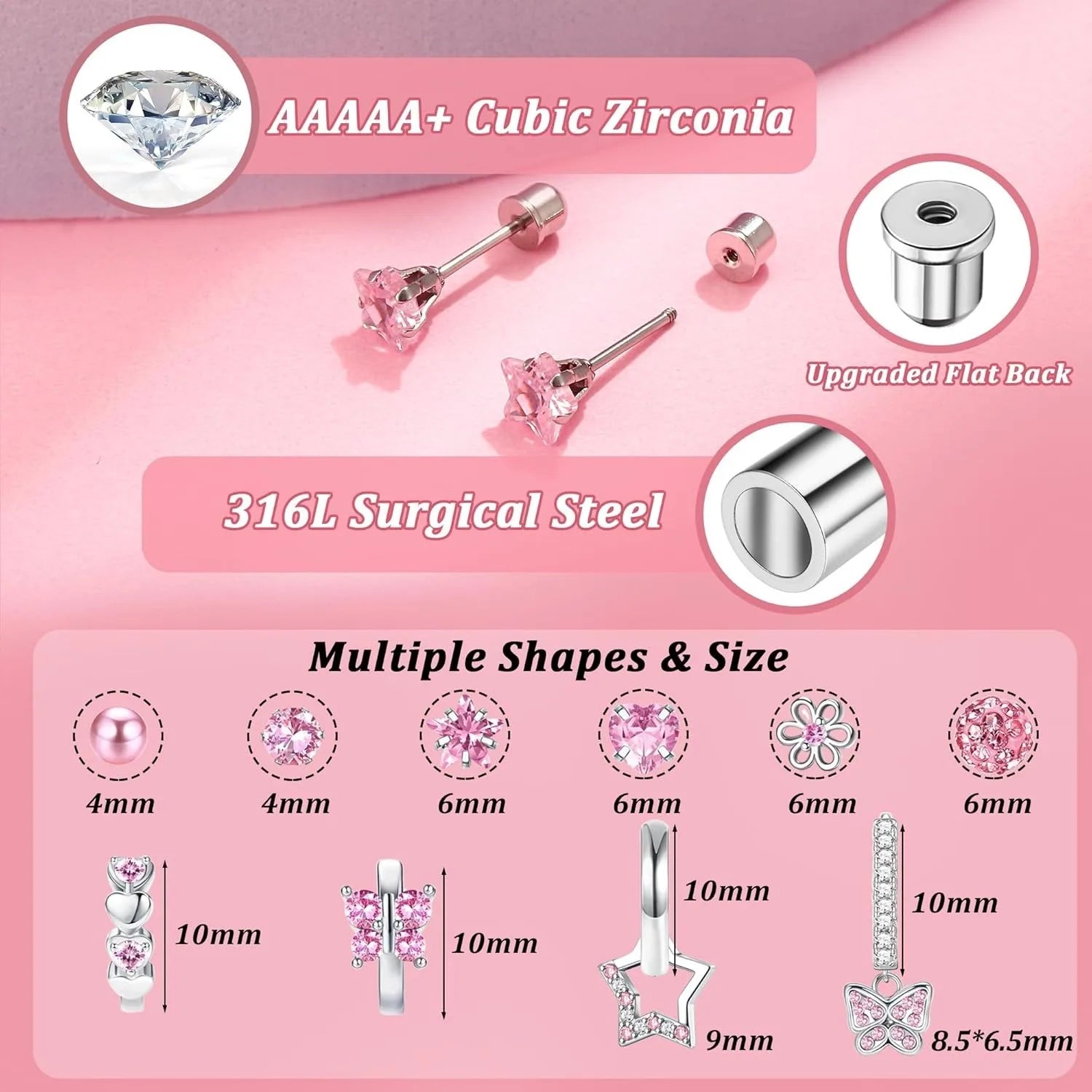 Bobisty 10Paris Earrings Stainless Steel Screw Back Earrings Set For Sensitive Ears Cute Pink Zircon Earrings Hypoallergenic