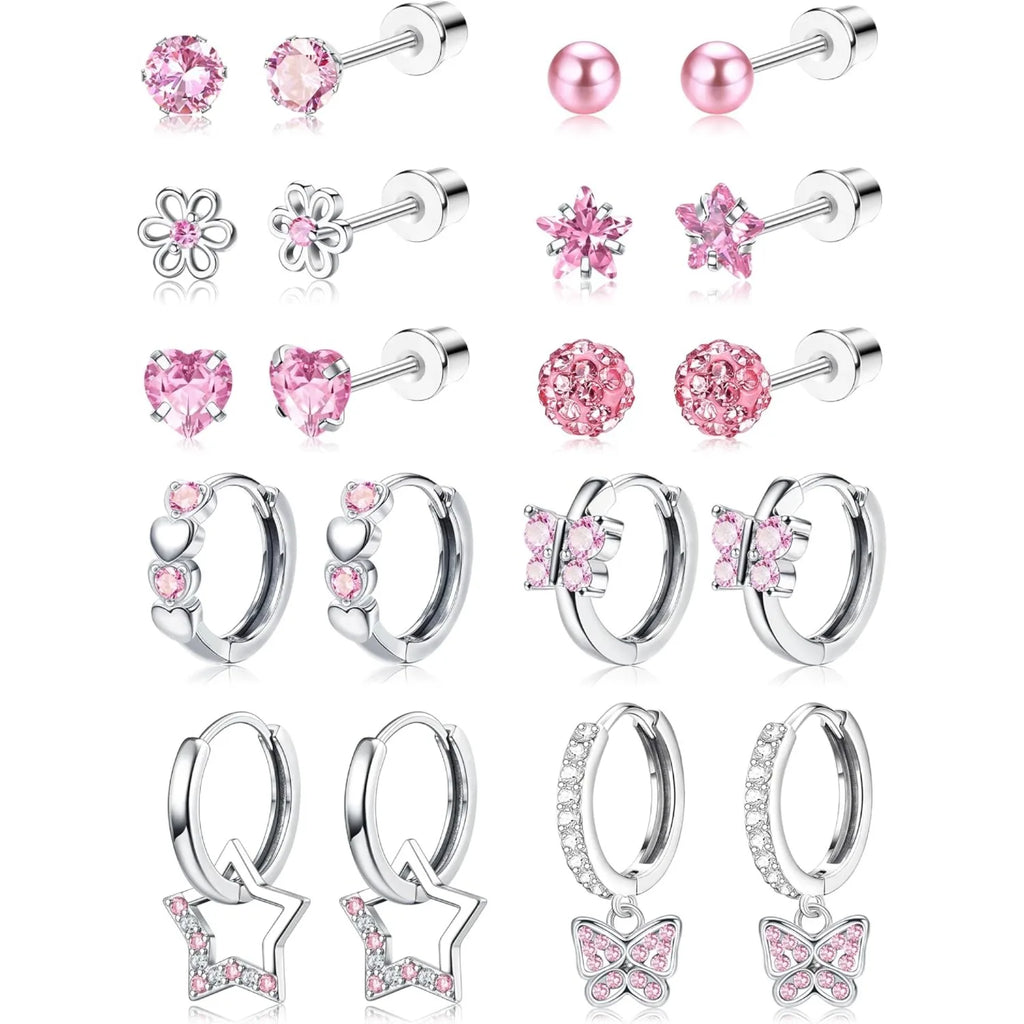 Bobisty 10Paris Earrings Stainless Steel Screw Back Earrings Set For Sensitive Ears Cute Pink Zircon Earrings Hypoallergenic