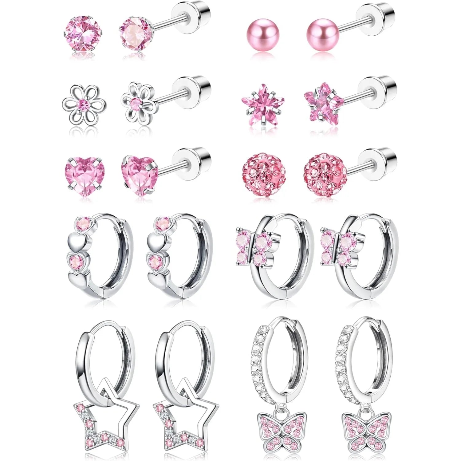 Bobisty 10Paris Earrings Stainless Steel Screw Back Earrings Set For Sensitive Ears Cute Pink Zircon Earrings Hypoallergenic