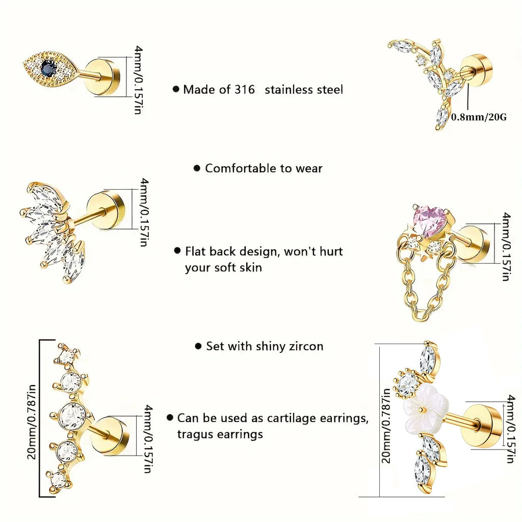 6Pcs 316 Stainless Steel Flat Back Spiral Ear Skull Stud Earrings,Shiny Cubic Zirconia Chain Screw Stud Piercing Jewelry Gifts